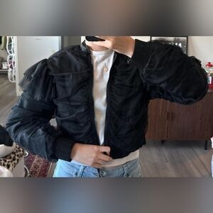 Anthropologie Black Ruffled Bomber Jacket